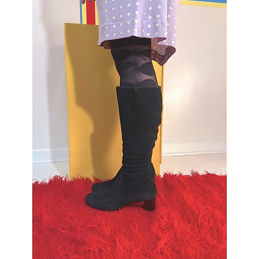 1970s 70s vintage black suede gogo boots 9 stack heel knee high shoes